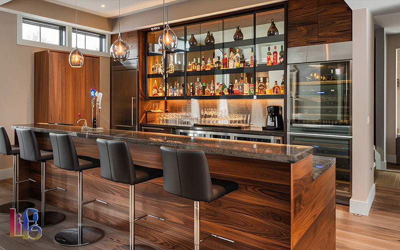 Modern home bar setup featuring warm wood cabinetry